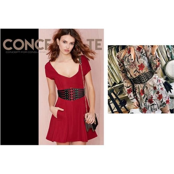 Fashion PU Leather Wide Waist Belt Hollow Out Rivets Stretch Cinch Waistband